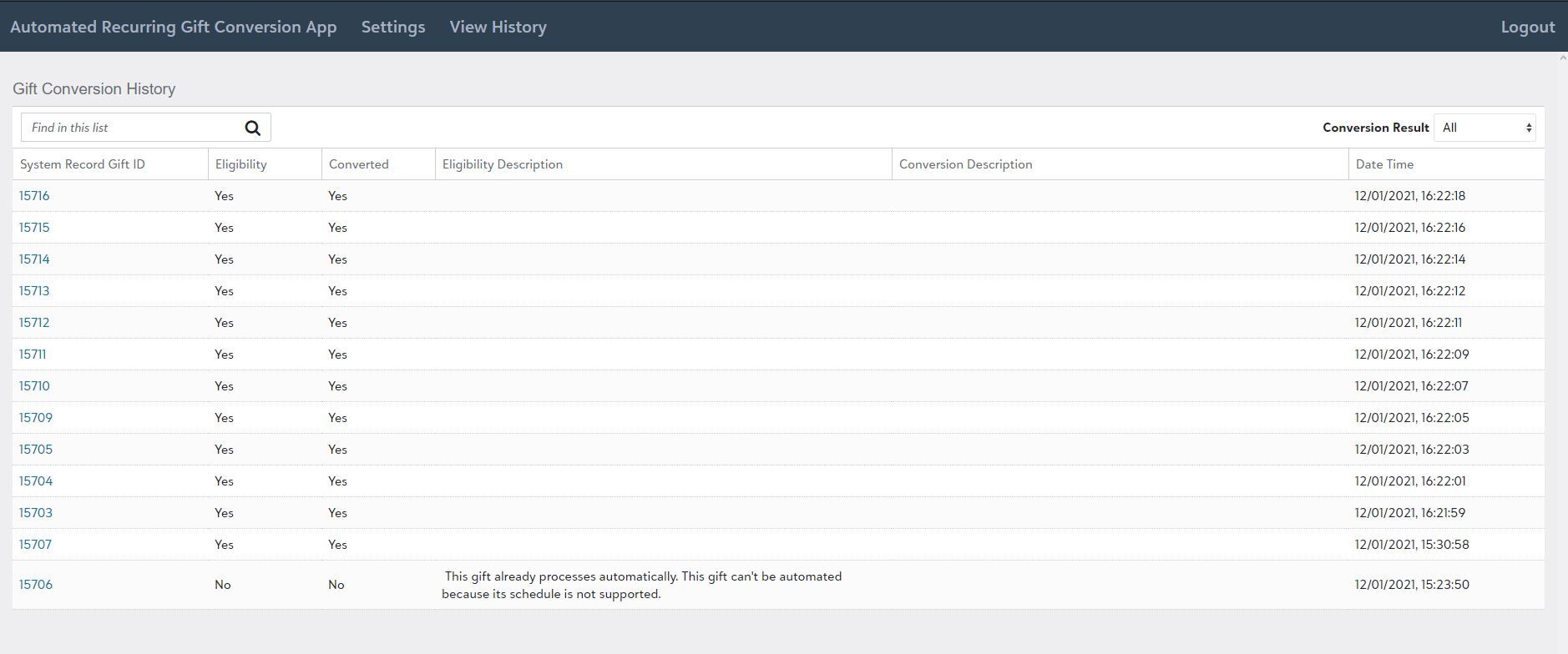 View History allows you to see the status of processed recurring gifts